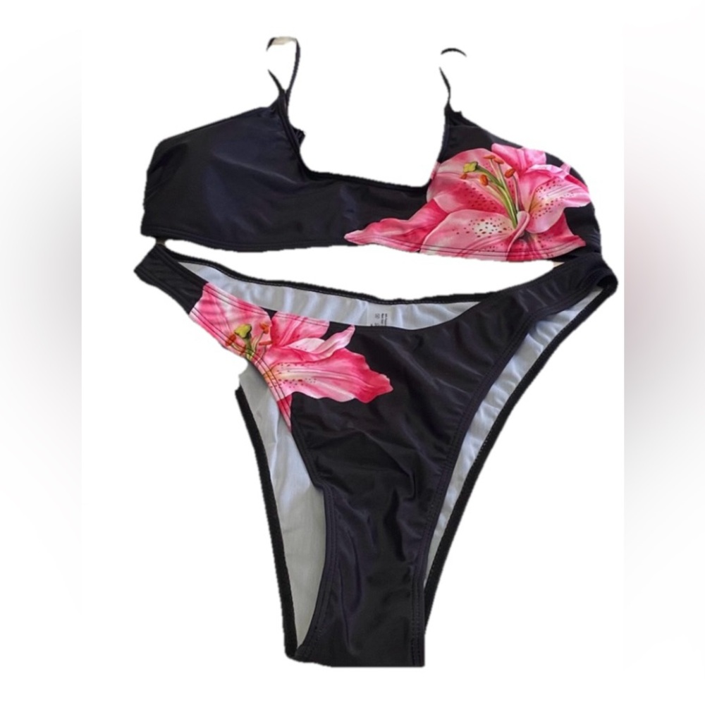 Black Bikini Set with Pink Floral Accent - Women's Swim